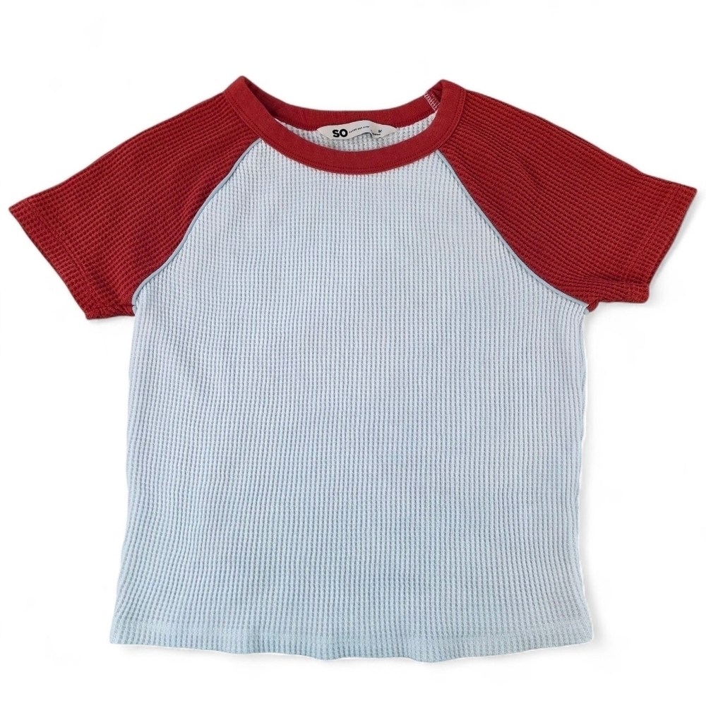 SO Waffle Knit Raglan Tee – Red & White – Junior's Size M Fall Layering Sporty
